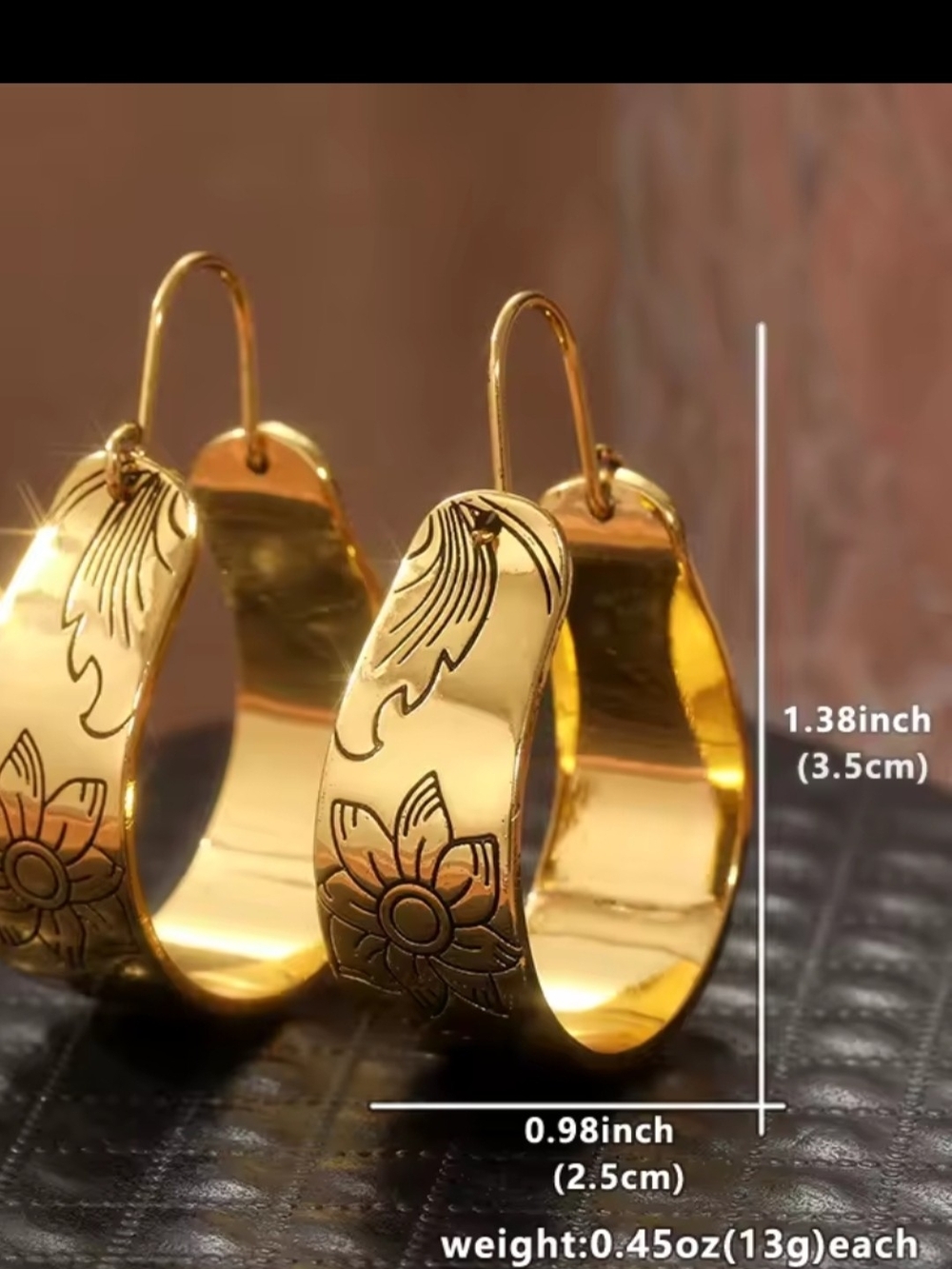 Gold Floral Engraved Hoop Earrings - Women Jewelry Hand And Carved. Gold Plated.